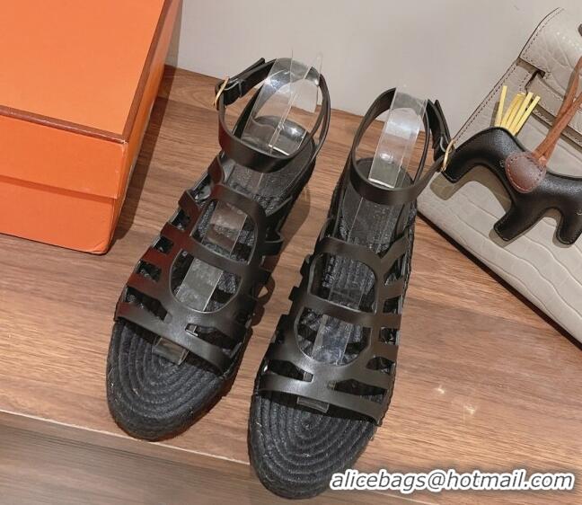 Unique Style Hermes Camelia Leather Wedge Sandals 8.5cm Black 022377