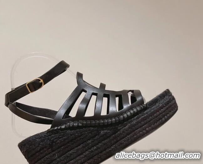 Unique Style Hermes Camelia Leather Wedge Sandals 8.5cm Black 022377