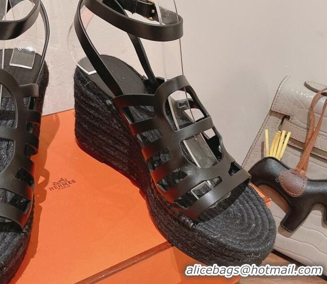 Unique Style Hermes Camelia Leather Wedge Sandals 8.5cm Black 022377