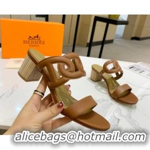 Pretty Style Hermes Extra Calfskin Heel Sandals 5.5cm Brown 022380