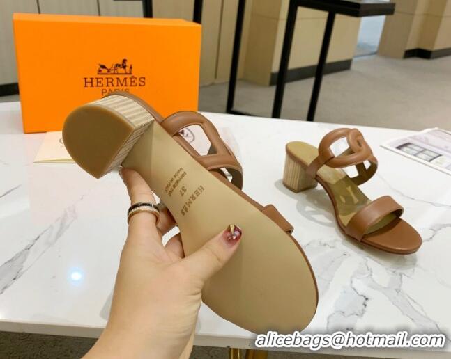 Pretty Style Hermes Extra Calfskin Heel Sandals 5.5cm Brown 022380