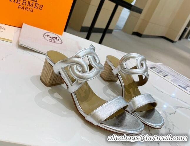 Top Grade Hermes Extra Calfskin Heel Sandals 5.5cm Silver 022381