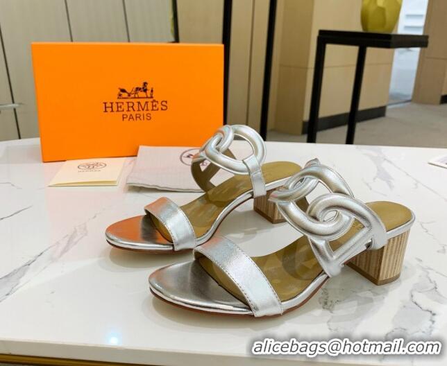 Top Grade Hermes Extra Calfskin Heel Sandals 5.5cm Silver 022381