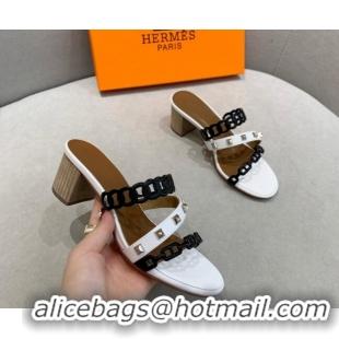 Durable Hermes Chain Calfskin Heel Slide Sandals 5.5cm with Studs White/Black 022384