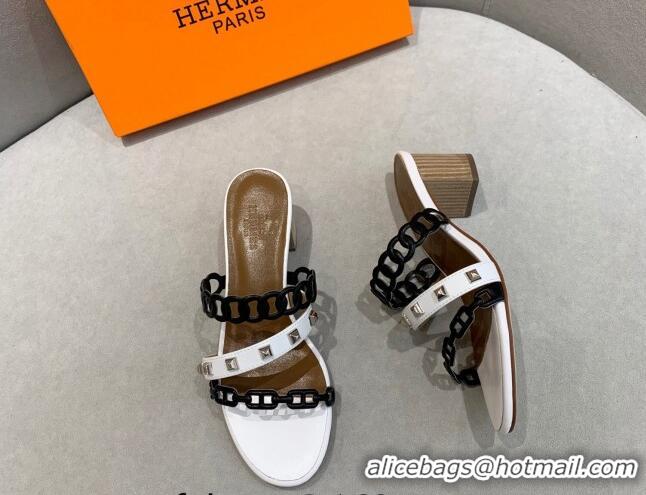 Durable Hermes Chain Calfskin Heel Slide Sandals 5.5cm with Studs White/Black 022384