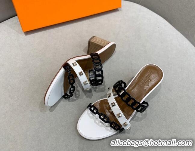 Durable Hermes Chain Calfskin Heel Slide Sandals 5.5cm with Studs White/Black 022384