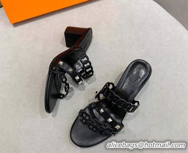 Charming Hermes Chain Calfskin Heel Slide Sandals 5.5cm with Studs Black 022385