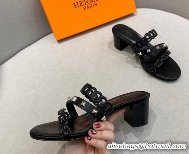 Charming Hermes Chain Calfskin Heel Slide Sandals 5.5cm with Studs Black 022385