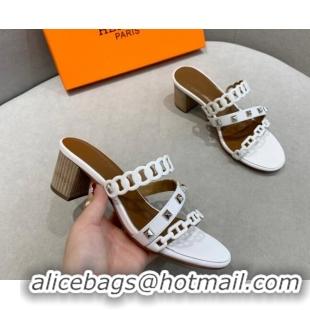 Charming Hermes Chain Calfskin Heel Slide Sandals 5.5cm with Studs White 022386