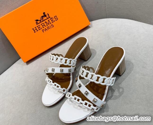 Charming Hermes Chain Calfskin Heel Slide Sandals 5.5cm with Studs White 022386