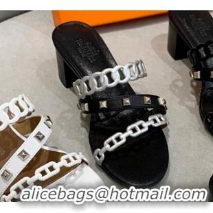 Stylish Hermes Chain Calfskin Heel Slide Sandals 5.5cm with Studs Black/Silver 022386