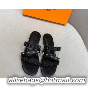 Luxurious Hermes Chain Calfskin Flat Slide Sandals with Studs Black 022388