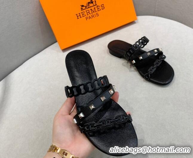 Luxurious Hermes Chain Calfskin Flat Slide Sandals with Studs Black 022388