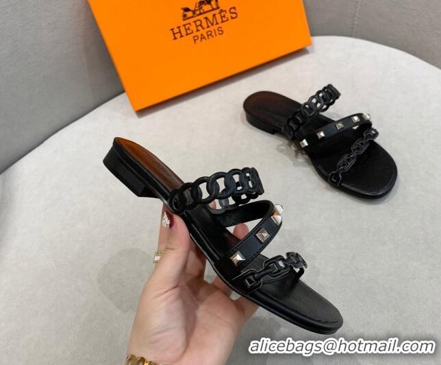 Luxurious Hermes Chain Calfskin Flat Slide Sandals with Studs Black 022388