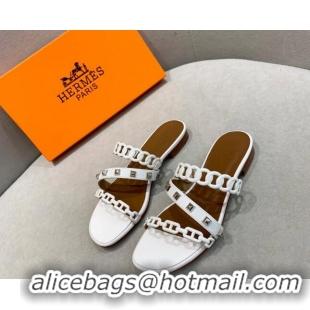 Low Price Hermes Chain Calfskin Flat Slide Sandals with Studs White 022389