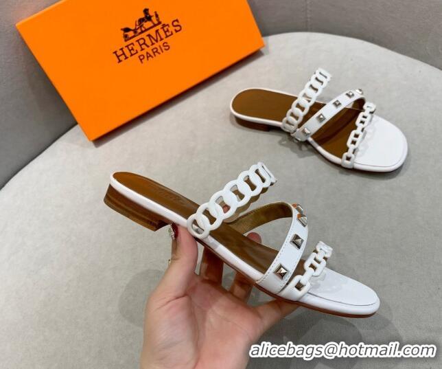 Low Price Hermes Chain Calfskin Flat Slide Sandals with Studs White 022389