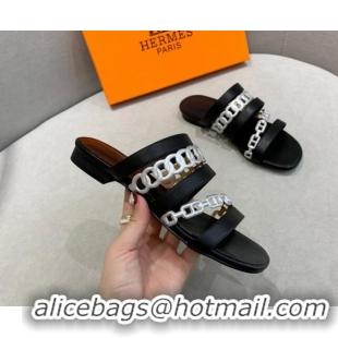 Most Popular Hermes Chain Calfskin Flat Slide Sandals with Studs Black/Silver 022390