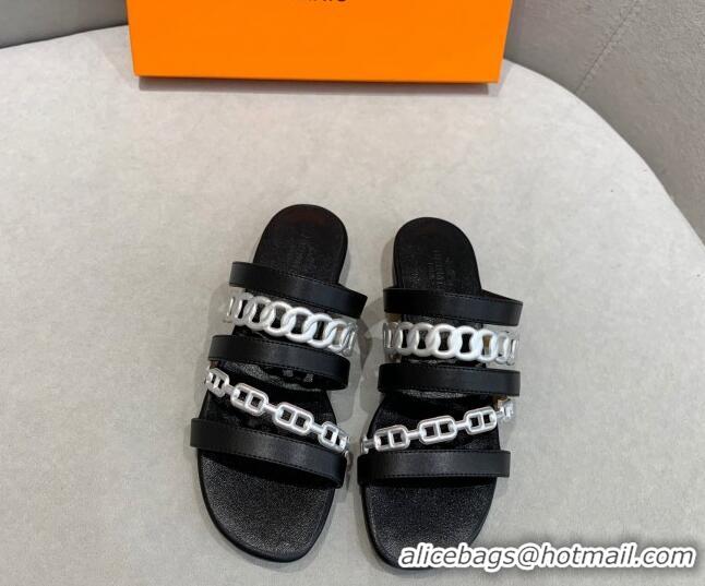 Most Popular Hermes Chain Calfskin Flat Slide Sandals with Studs Black/Silver 022390