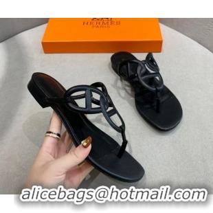 Top Design Hermes Egerie Thong Slide Sandals Black 022392