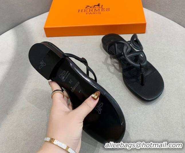 Top Design Hermes Egerie Thong Slide Sandals Black 022392