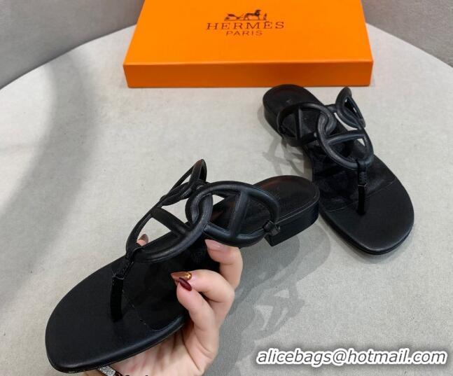 Top Design Hermes Egerie Thong Slide Sandals Black 022392