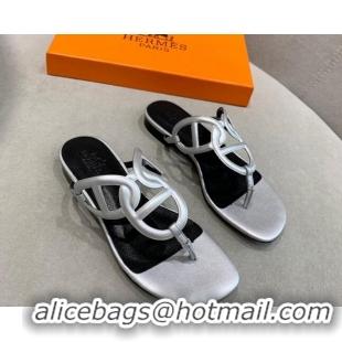 Best Price Hermes Egerie Thong Slide Sandals Silver 022394