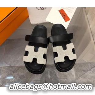 Pretty Style Hermes Chypre Flat Sandals in Fabric and Leather Black/White 223101