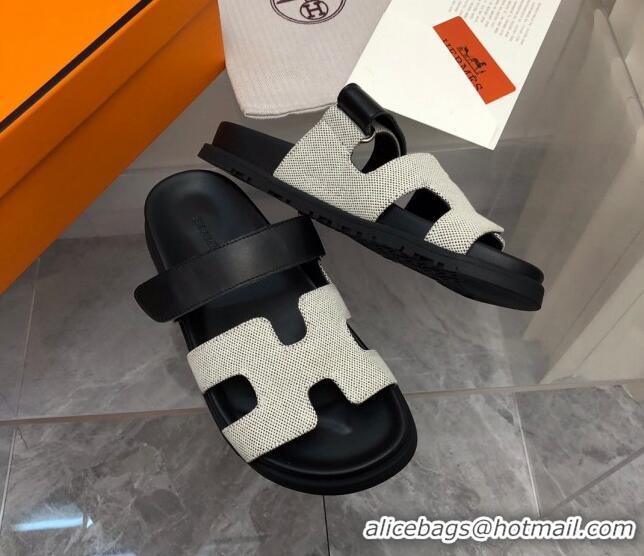 Pretty Style Hermes Chypre Flat Sandals in Fabric and Leather Black/White 223101