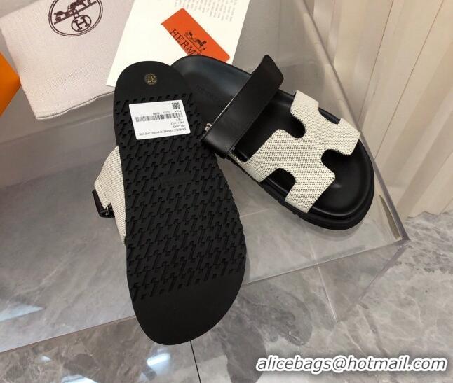 Pretty Style Hermes Chypre Flat Sandals in Fabric and Leather Black/White 223101