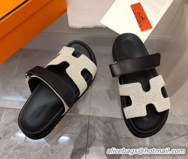 Pretty Style Hermes Chypre Flat Sandals in Fabric and Leather Black/White 223101