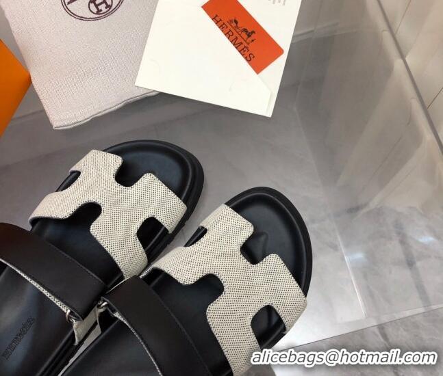 Pretty Style Hermes Chypre Flat Sandals in Fabric and Leather Black/White 223101