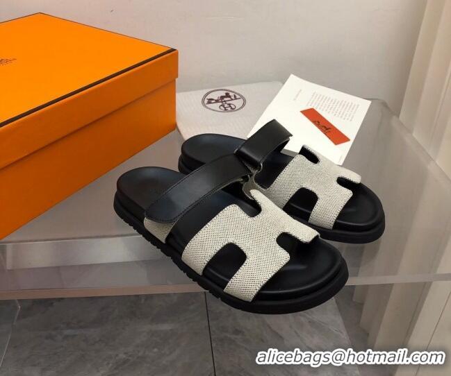 Pretty Style Hermes Chypre Flat Sandals in Fabric and Leather Black/White 223101