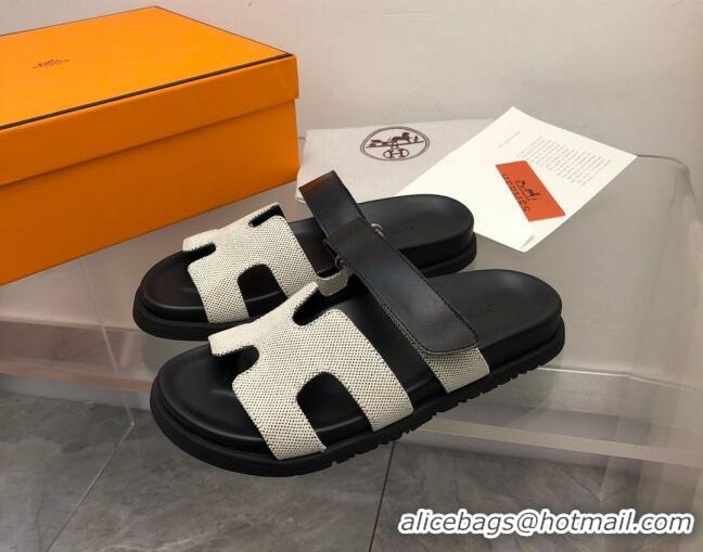 Pretty Style Hermes Chypre Flat Sandals in Fabric and Leather Black/White 223101