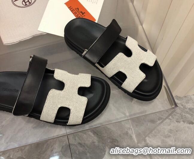 Pretty Style Hermes Chypre Flat Sandals in Fabric and Leather Black/White 223101