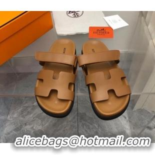 Duplicate Hermes Chypre Flat Sandals in Smooth Leather Brown 223103