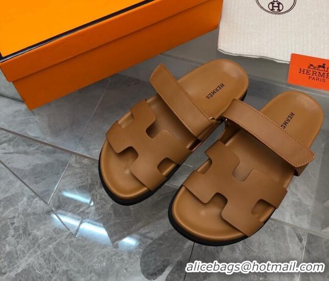 Duplicate Hermes Chypre Flat Sandals in Smooth Leather Brown 223103