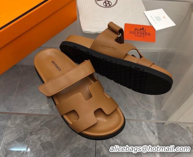 Duplicate Hermes Chypre Flat Sandals in Smooth Leather Brown 223103