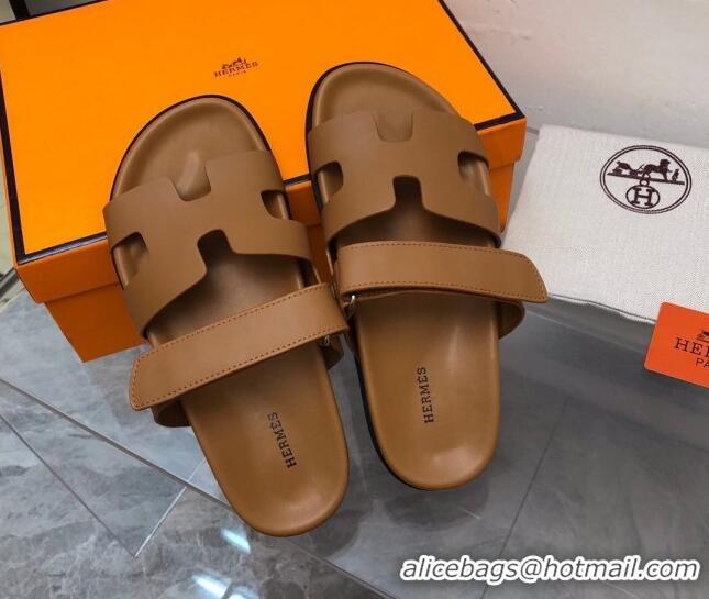 Duplicate Hermes Chypre Flat Sandals in Smooth Leather Brown 223103