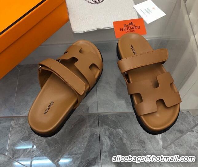 Duplicate Hermes Chypre Flat Sandals in Smooth Leather Brown 223103