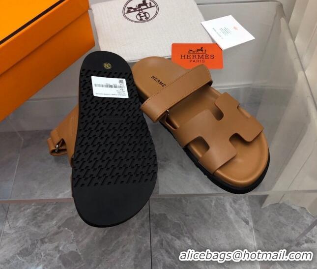 Duplicate Hermes Chypre Flat Sandals in Smooth Leather Brown 223103