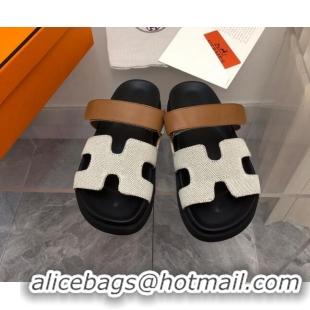 Luxury Hermes Chypre Flat Sandals in Fabric and Leather Brown/Light Beige 223102