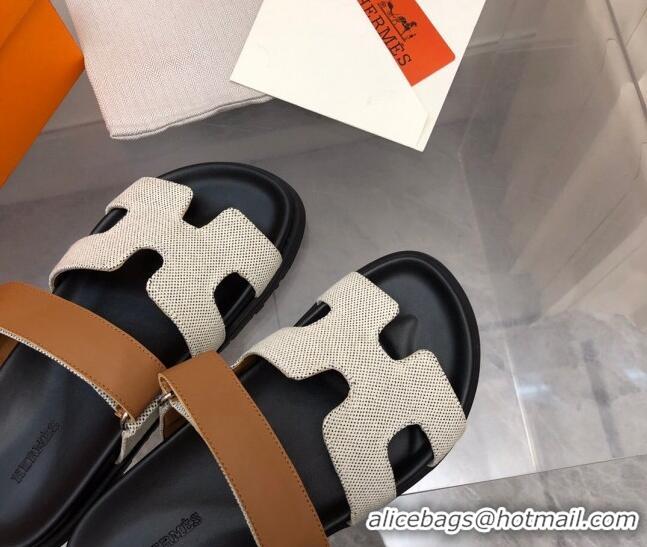 Luxury Hermes Chypre Flat Sandals in Fabric and Leather Brown/Light Beige 223102