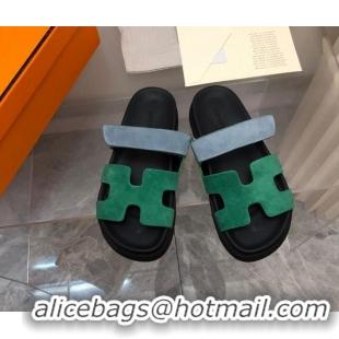 Shop Duplicate Hermes Chypre Flat Sandals in Suede Green/Light Blue 223104