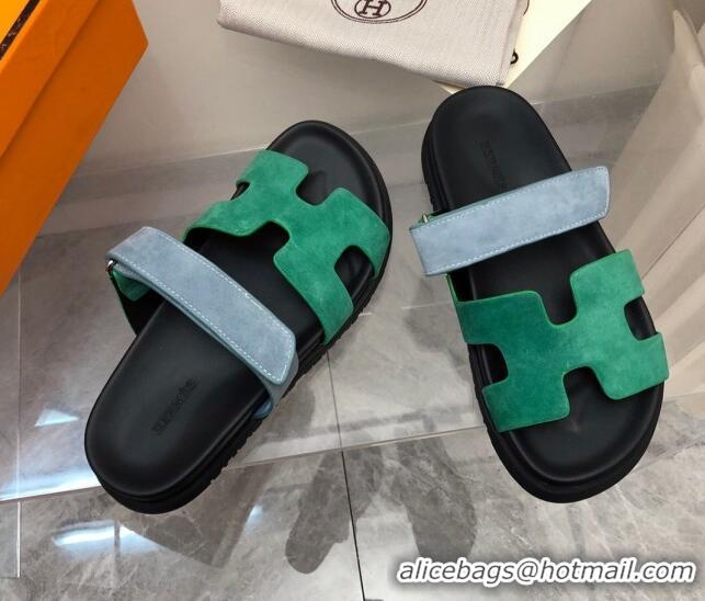 Shop Duplicate Hermes Chypre Flat Sandals in Suede Green/Light Blue 223104