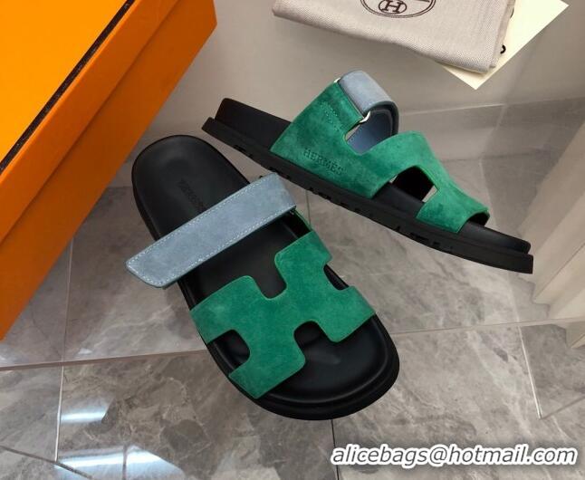 Shop Duplicate Hermes Chypre Flat Sandals in Suede Green/Light Blue 223104