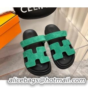 Popular Style Hermes Chypre Flat Sandals in Suede Green/Black 223106