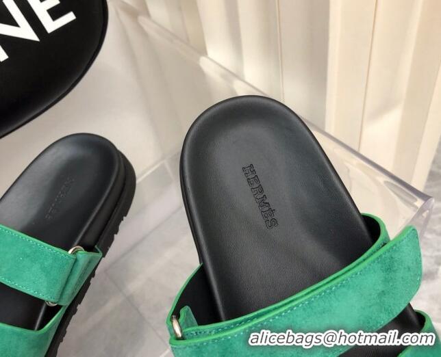 Popular Style Hermes Chypre Flat Sandals in Suede Green/Black 223106