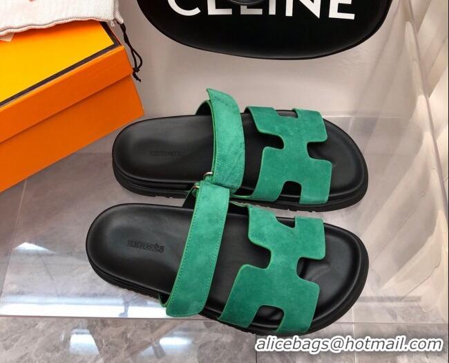 Popular Style Hermes Chypre Flat Sandals in Suede Green/Black 223106