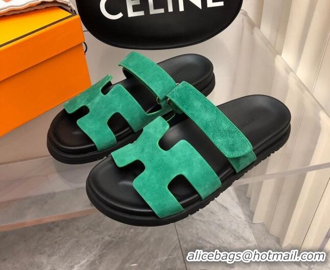 Popular Style Hermes Chypre Flat Sandals in Suede Green/Black 223106