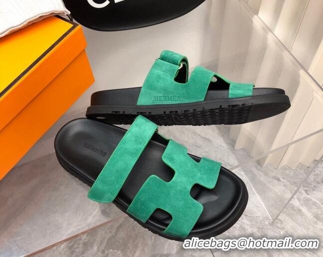 Popular Style Hermes Chypre Flat Sandals in Suede Green/Black 223106